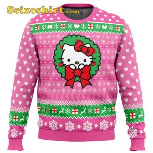 Pink Cute Christmas Hello Kitty Ugly Sweater, V Neck Sweater Women