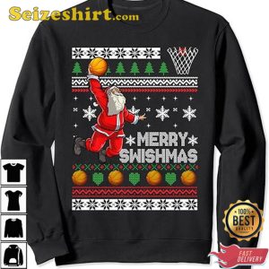 Basketball Ugly Christmas Sweater Funny Dunking Santa T-Shirt