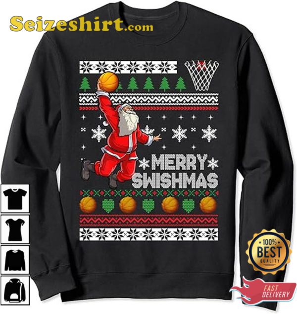 Basketball Ugly Christmas Sweater Funny Dunking Santa T-Shirt